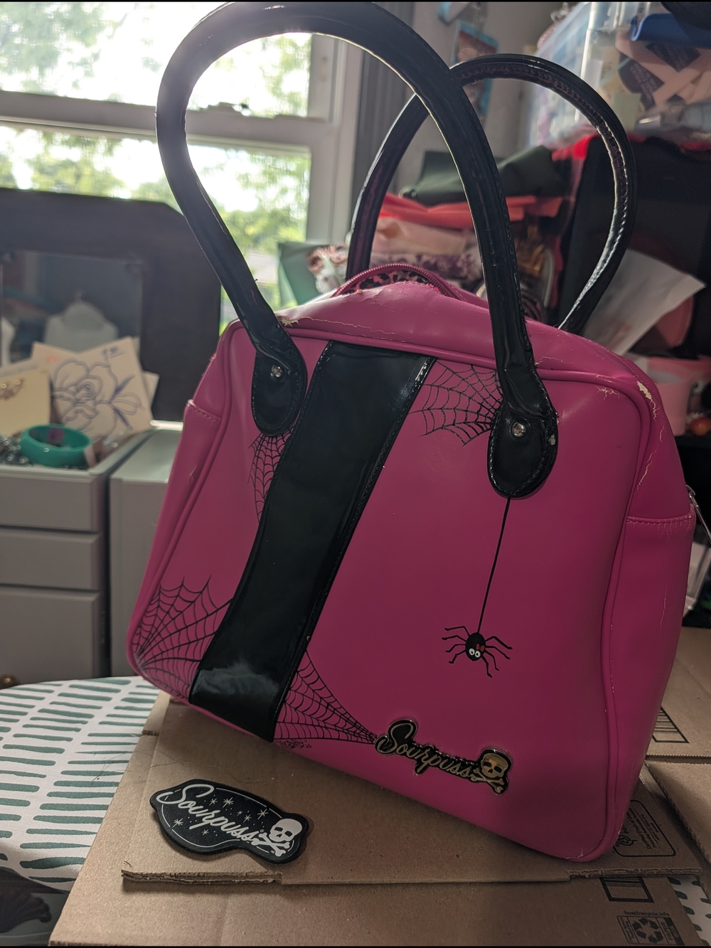 Sourpuss Pinstriped Pink Spiderweb Bowler Handbag - Picture 2 of 9